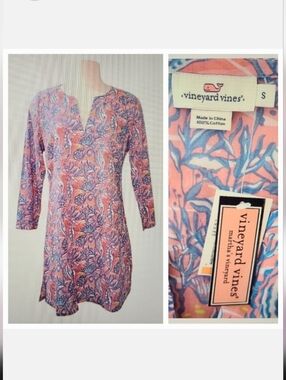 Vineyard Vines Blue & Pink Seahorse Print Swimsuit Cover-Up Tunic Dress Sz S NWT